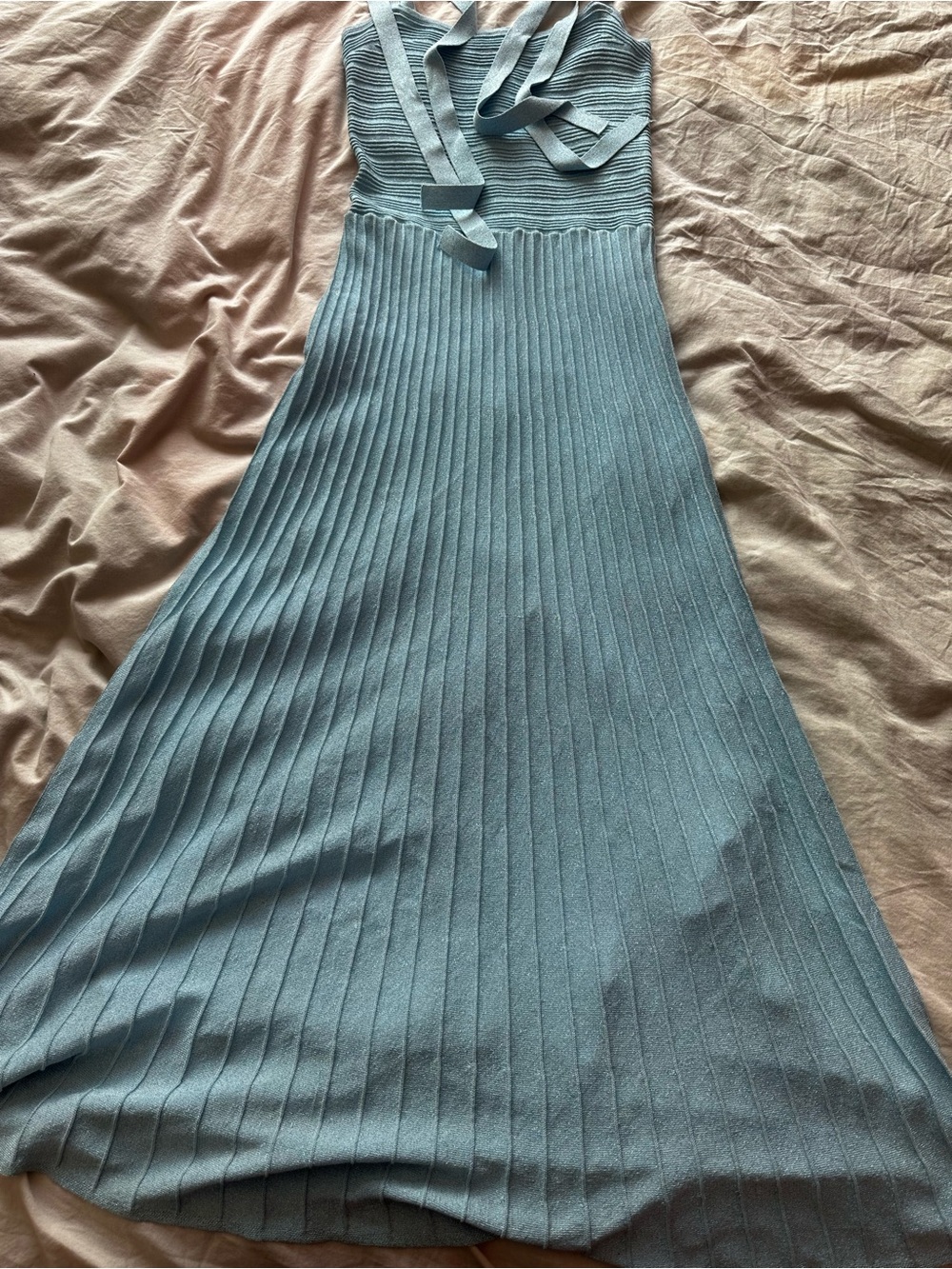 Endless Rose Blue Pleated Knit Maxi Dress Tie Strap Size M - Picture 2 of 11